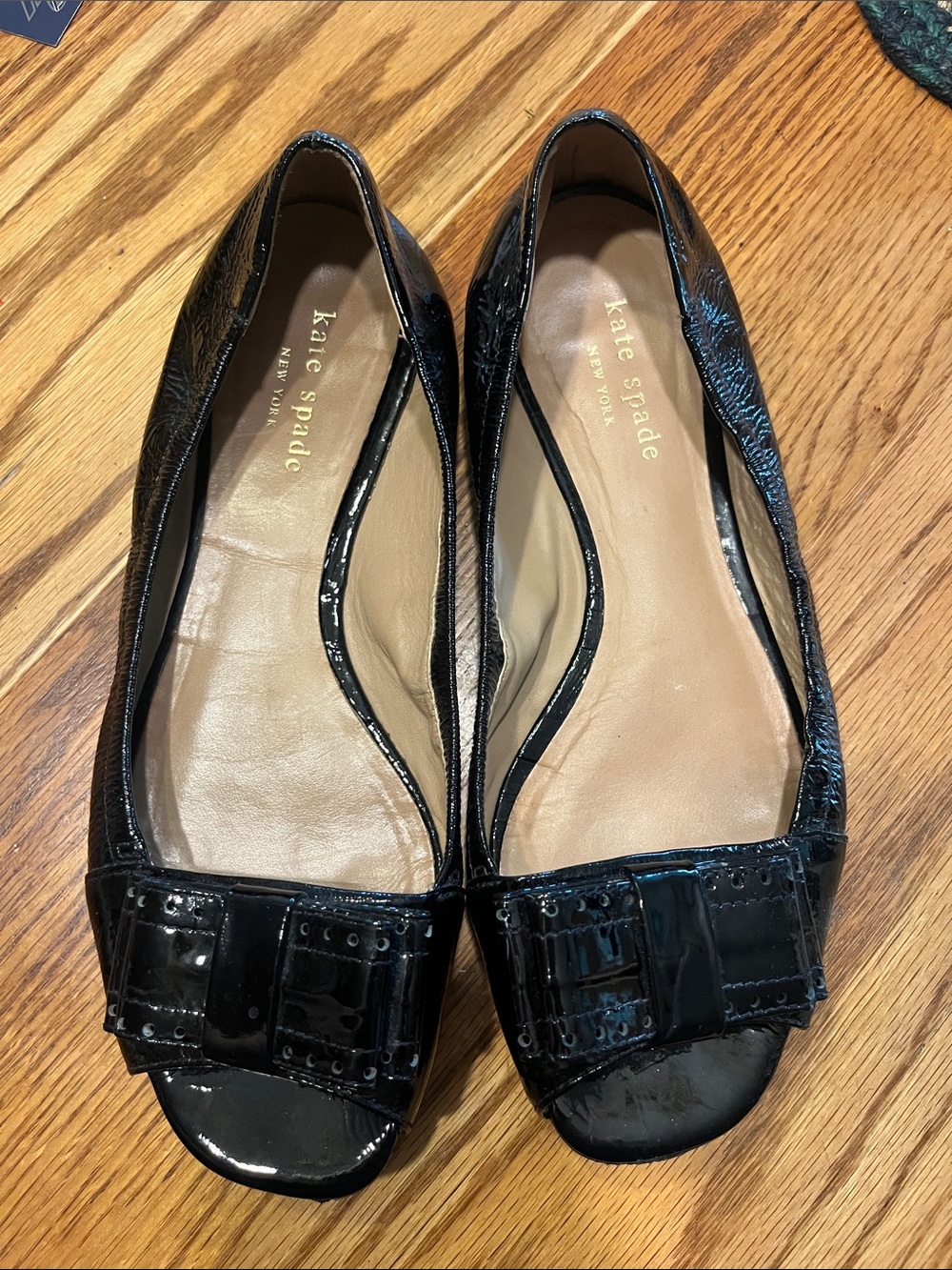 kate spade Black Patent Leather Peep-Toe Flats with Bow Detail